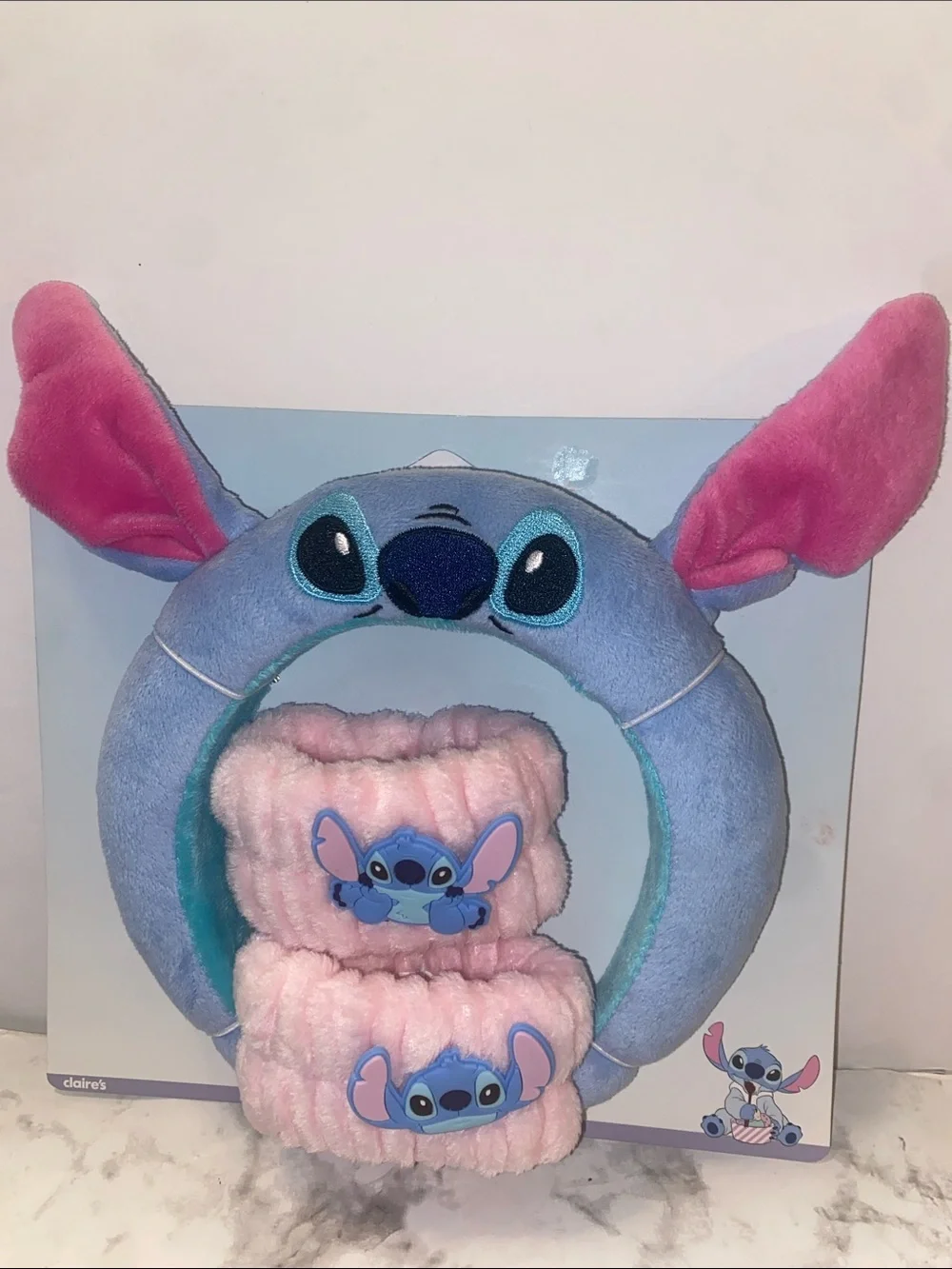 Claire's Blue & Pink Stitch Plush Headband with Pink Wrist Cuffs